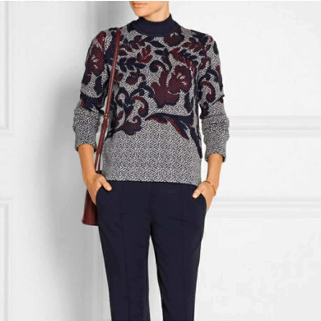 Tori Burch Size Sp Wool Blend Grey / Black And Red Mock Neck Sweater
